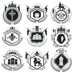 Vintage vector design elements. Retro style labels, heraldry. Classy high quality symbolic illustrations collection, vector set.