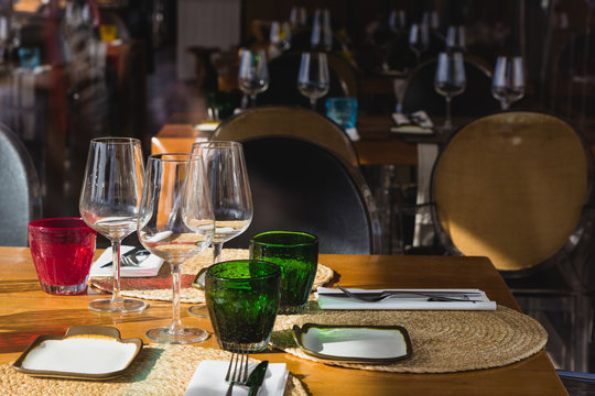 Table setting of outdoor cafe in center of Porto