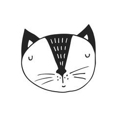 Fototapeta premium Cute hand drawn nursery poster with cat character in scandinavian style. Monochrome vector illustration