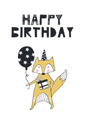 Happy birthday - nursery birthday poster with fox and lettering in in scandinavian style. Color vector illustration