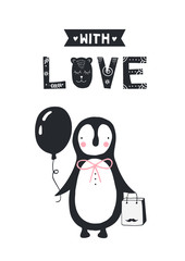 With love - nursery birthday poster with penguin and lettering in in scandinavian style. Color vector illustration