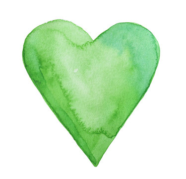 Green watercolor heart. Abstract texture, graphic art element. Love sign, romance, peace, earth. Color of balance, growth, nature. Hand painted water color illustration, isolated, white background.