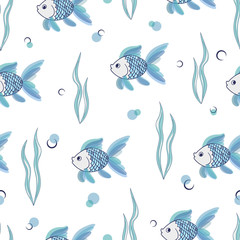Motif de poisson bleu sans couture. Fond de vecteur sous-marin avec des poissons dessinés à la main, des algues, des algues.