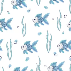 Crédence de cuisine en plexiglas Photo du jour Motif de poisson bleu sans couture. Fond de vecteur sous-marin avec des poissons dessinés à la main, des algues, des algues.