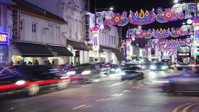 Singapore - November 27, 2017: Timelapse footage of Little India Singapore with colorful lights for Deepavali decorations. Shot in 4k resolution
