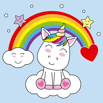 smiling unicorn sitting on a cloud and with rainbow in the sky