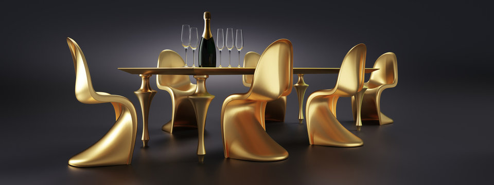Tisch mit goldenen St&uuml;hlen und Champagner