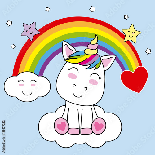 Smiling Unicorn Sitting On A Cloud And With Rainbow In The Sky Smiling Unicorn Sitting On A Cloud And With Rainbow In The Sky