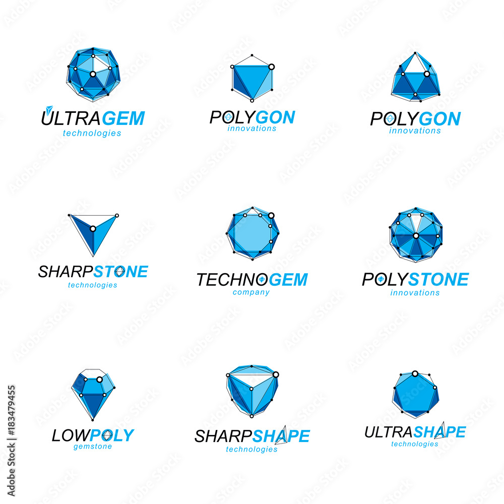 Poster set of abstract 3d faceted figures with connected lines. vector low poly design elements collection.