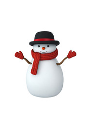 Funny snowman in a hat with a red wool scarf and mittens with clipping path