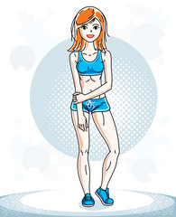 Young beautiful red-haired sporty woman standing. Vector character wearing shorts. Sport and fitness theme.