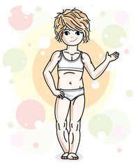 Little blonde cute child in underwear standing on colorful backdrop with bubbles. Vector pretty nice girl illustration. Sleep time theme.