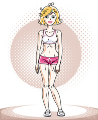 Attractive young blonde sportswoman adult standing. Vector illustration of lady wearing pink shorts.  Sport style.