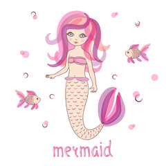 Beautiful little Mermaid. Vector illustration for kids in pink color.