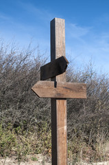 Wooden sign post with two blank arrows in different directions on countryside backgound in clear sunny day