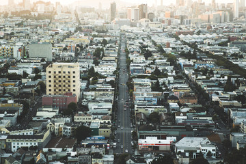 city view with road leading down to the end sunset