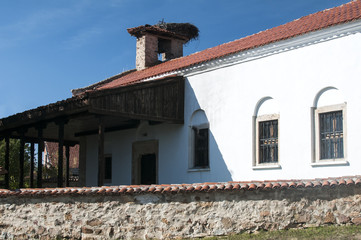 Old orthodox rural church facade closeup in sunny day