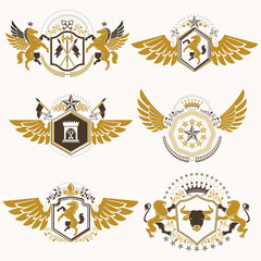 Vintage decorative heraldic vector emblems composed with elements like eagle wings, religious crosses, armory and medieval castles, animals. Collection of classy symbolic illustrations.