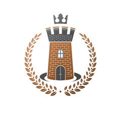 Ancient Castle emblem. Heraldic Coat of Arms decorative logo isolated vector illustration. Ornate logotype in old style on white background.