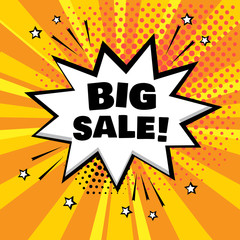 White comic bubble with BIG SALE word on orange background. Comic sound effects in pop art style. Vector illustration.