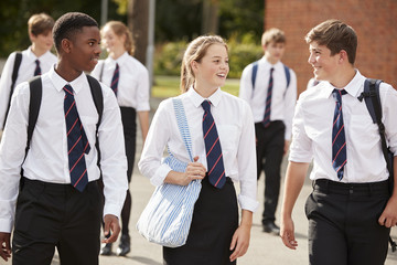 Group Of Teenage Students In Uniform Outside School Buildings - obrazy, fototapety, plakaty