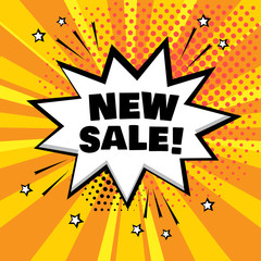 White comic bubble with NEW SALE word on orange background. Comic sound effects in pop art style. Vector illustration.