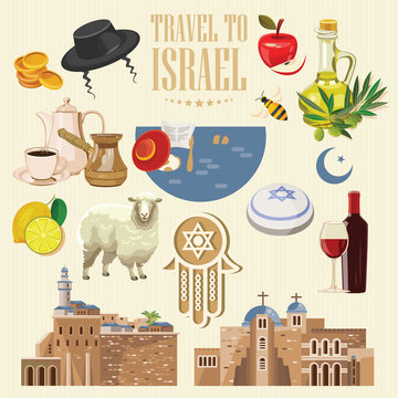 Israel vector banner with jewish landmarks. Travel poster in flat design