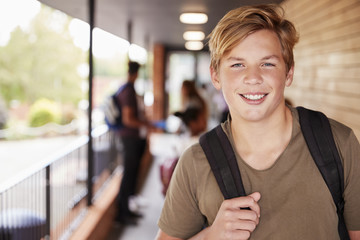 Portrait Of Male Teenage Student On College With Friends - obrazy, fototapety, plakaty