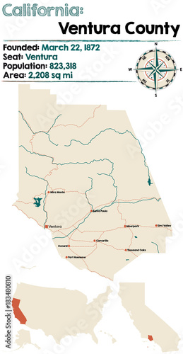 "Large and detailed map of Ventura County, California " Stock image and