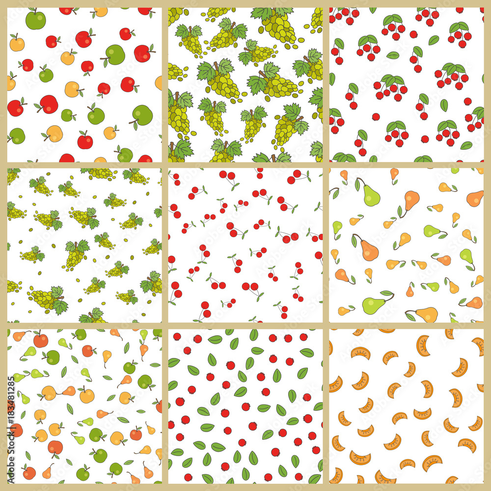 Poster autumn plants element vector seamless patterns set