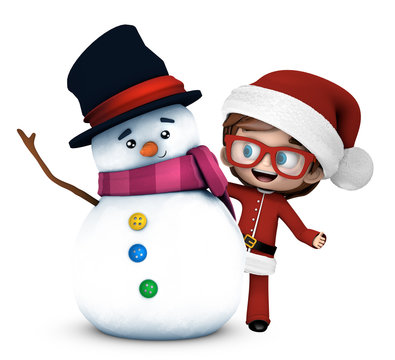 Niño disfrazado de Santa Claus con un muñeco de nieve