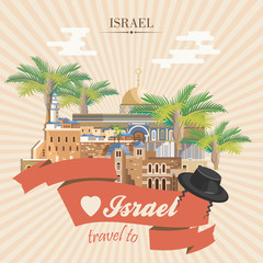 Israel vector banner with jewish landmarks. Travel poster in flat design - 183482232