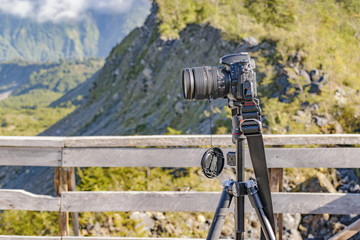 Camera at Tripod at Viewpoint, Patagonia, Chile