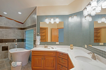 Stunning bathroom with a freestanding tub.
