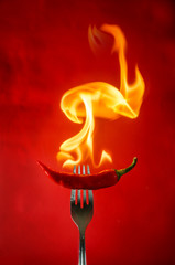 chili pepper red on fire, burning pepper, hot pepper, on a red and black background
