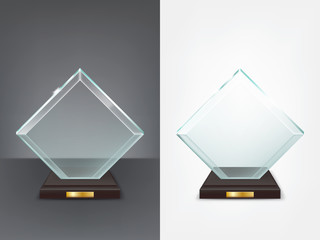 Realistic square glass trophy, sport and business award, prize to the winner of the competition, winning cup, vector isolated illustration, front view