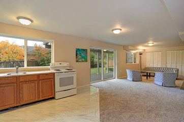 Nicely remodeled home interior, kitchen and living room.