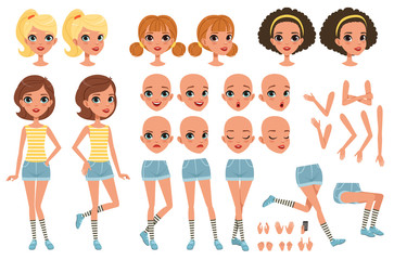 Cirl character creation set, cute girl constructor with different poses, gestures, faces, hairstyles, vector Illustrations