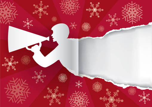 Man ripped Christmas paper background.
Man advertises or sells shouts in a megaphone on the red paper christmas background with place for your text or image. Vector available.