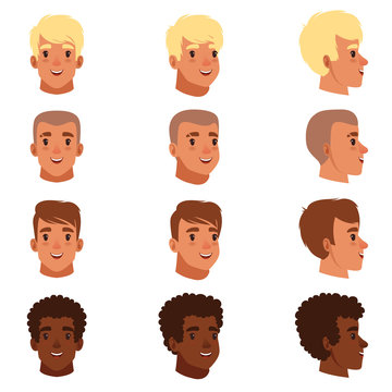 Illustration of men head avatars set with different haircuts. Classical trendy hairstyle, curly hair, bald. Flat design icons