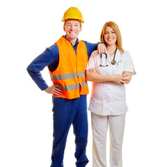 Frau und Mann als Arbeiter und Betriebsarzt