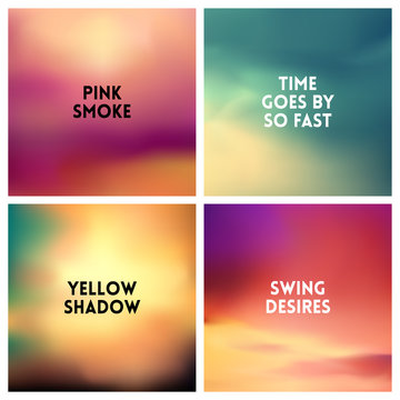 Abstract vector sunset blurred background set. Square blurred background - sky clouds colors With love quotes