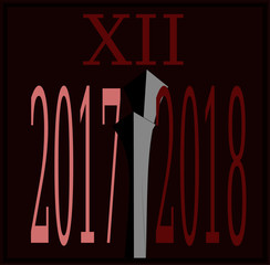 Happy new Year 2018 passing 2017 clock arms overlapping 2017 Vector illustration vivid dark red background