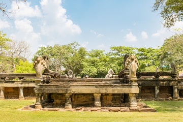 Fototapeta premium square of ruins and temples of khmer imperium in thailand with stupa towers traditional khmer arquitecture. phimai area.