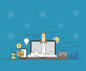 Successful startup business concept. Vector illustration with rocket launch and laptop on winter background.