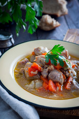 Stew of turkey thigh fillet with rustic vegetables, selective focus