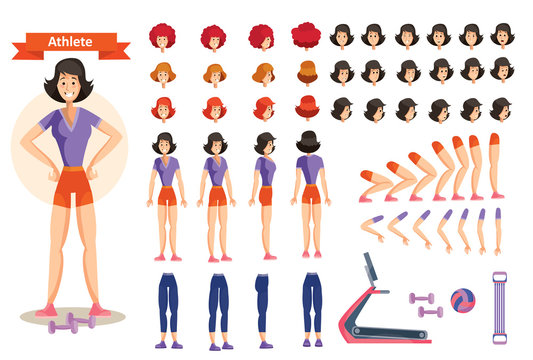 Set for creating character woman athlete, vector cartoon illustrations. Faces, front, side and back view, emotions,arms and legs in different positions, clothes and dumbbells for weight training
