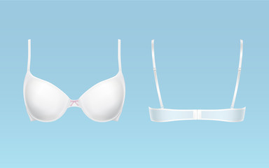 White bra, female lingerie, realistic vector illustration isolated on blue background, front back view. Element of womens underwear, modern female bra with adjustable straps - obrazy, fototapety, plakaty