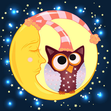 A sweet cartoon owl with eyes closed to the middle in a sleeping cap sits on a drowsy crescent moon against the background of a night sky with stars