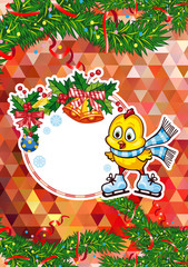 Holiday card with cute chicken and free space for your greeting Christmas text. 